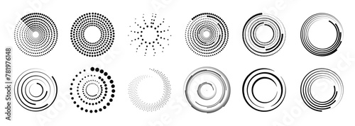 Halftone circular dotted frames set. Set of black thick halftone dotted speed lines. Speed lines in circle form. Geometric art. Vector