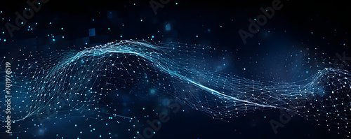 A dark and abstract cyberspace blue setting sets the stage for a wave of interconnected dots and lines on a blue background.