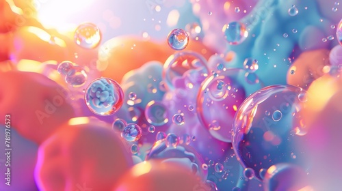 Three-dimensional abstract art with floating holographic liquid blobs, soap bubbles, and metaballs.