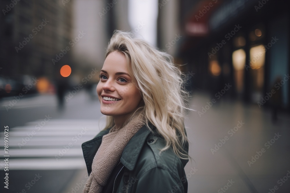 A woman with blonde hair is smiling and standing on a city street