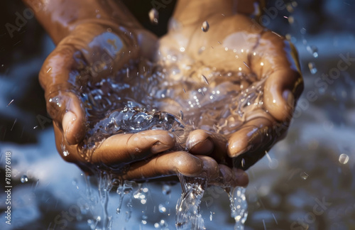A closeup of hands washing with water, symbolizing the importance and social impact of fresh drinking water for health care