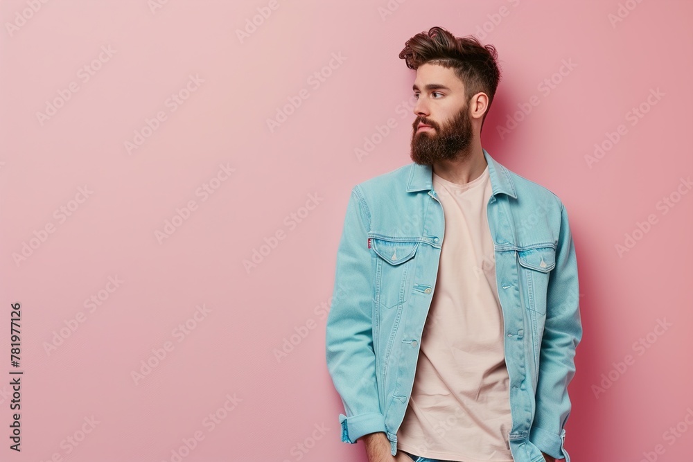 A man with a beard and blue jacket stands in front of a pink wall