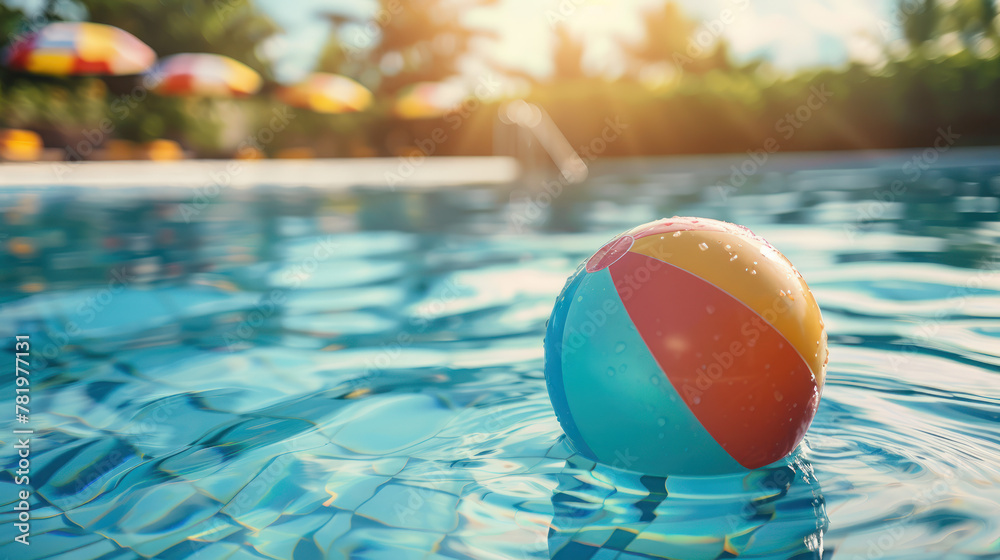 Summer holidays background with colorful beach ball floating on swimming pool