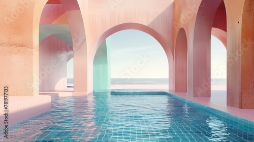 In natural day light  an abstract scene with geometrical forms  a swimming pool  and a minimalist 3D landscape background.
