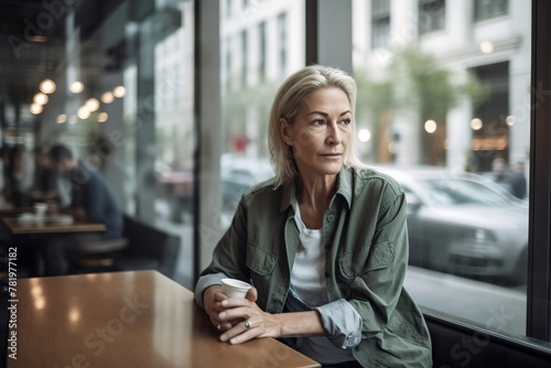 A woman sits at a table in a cafe, holding a cup of coffee Free Download A woman sits at a table in a cafe, holding a cup of coffee - GFXLoad
