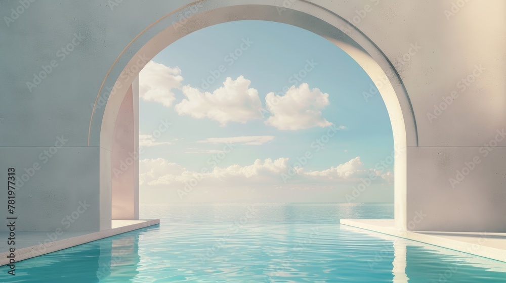 The scene is abstract with geometric forms, an arch with a swimming pool in natural daylight, and a minimal 3D landscape background in natural surroundings.