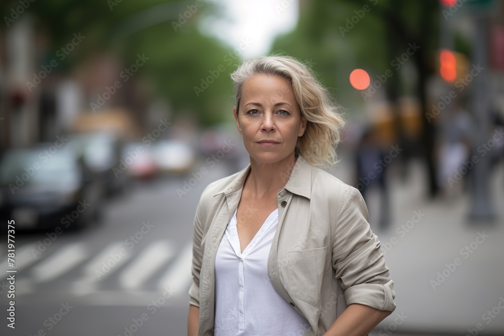 Fototapeta premium A woman stands on a street corner with her arms crossed