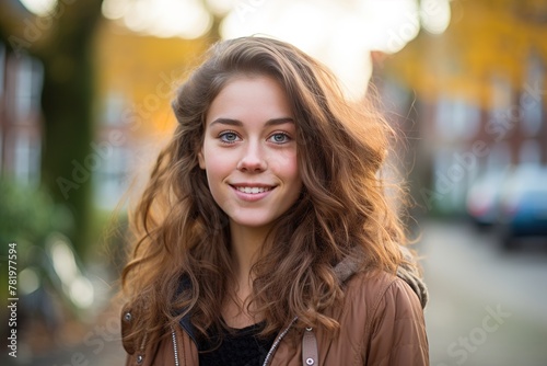 A woman with long brown hair is smiling and wearing a brown jacket