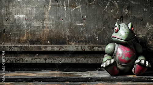A frog is sitting on a wall. The frog is green and red. The wall is dirty and has rust