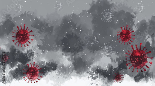 A painting of a virus with red dots and grey background. The painting is abstract and has a mood of chaos and danger photo