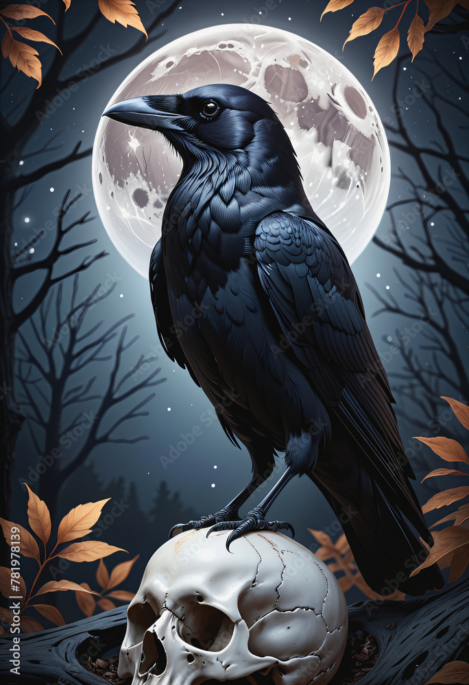 Fototapeta premium crow on skull black forest backgrpind