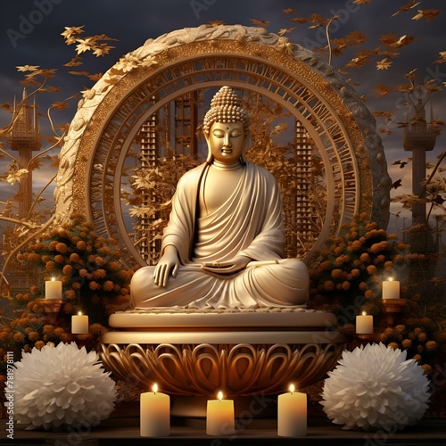 there is a golden buddha with candles around it and lights in the background