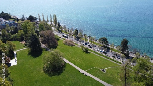 Scenic aerial view of the Parc du Denantou at the cost of the Lake Geneva