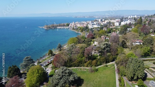 Scenic aerial view of the Parc du Denantou at the cost of the Lake Geneva