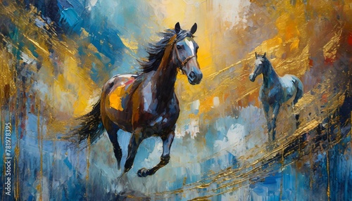 painting of modern abstract art, with metal elements, texture background, and animals and horses:  photo