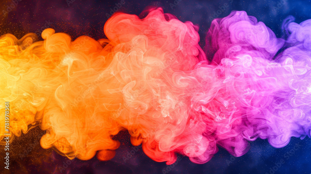 A colorful smoke trail with a blue background. The smoke is orange, yellow, and pink. The smoke is long and thin, and it is coming from a fire. The colors of the smoke create a sense of movement