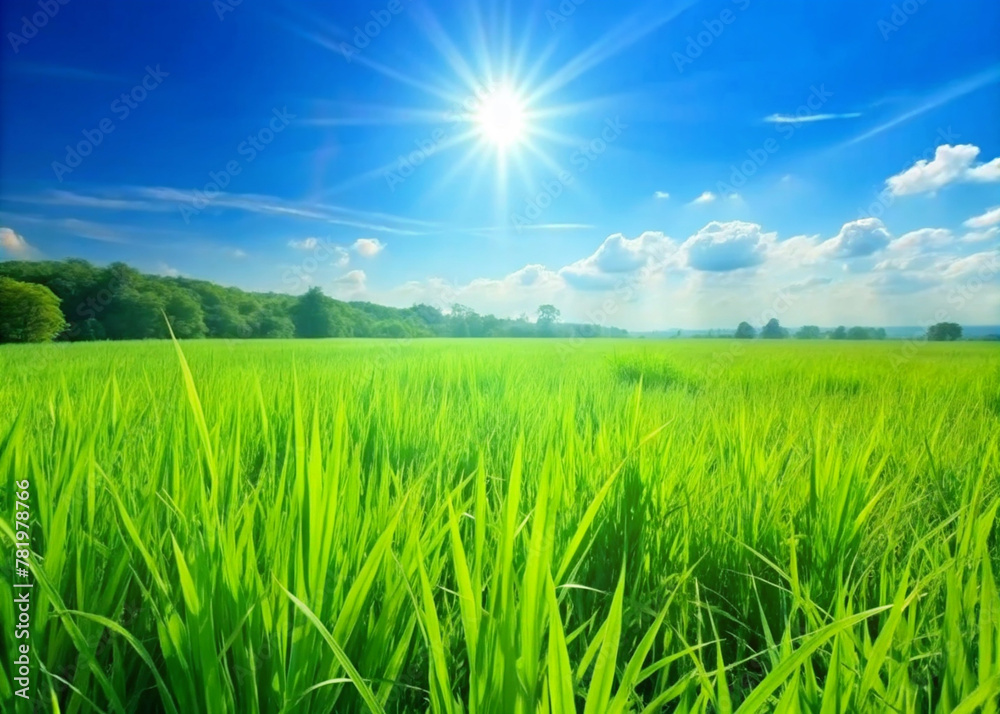 Lush grass covers the landscape under a bright sunny sky Lush grass covers the landscape under a bright sunny sky