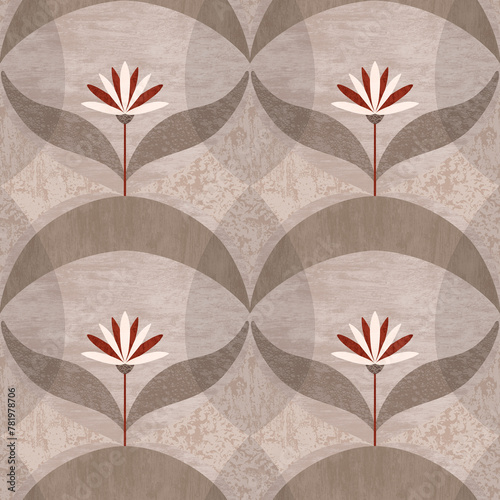 Textured abstract seamless pattern with symmetric minimalistic flower and smooth geometric shapes. Decorative repeat design in neutral gray taupe colors. Simple floral tile for wallpaper, interior