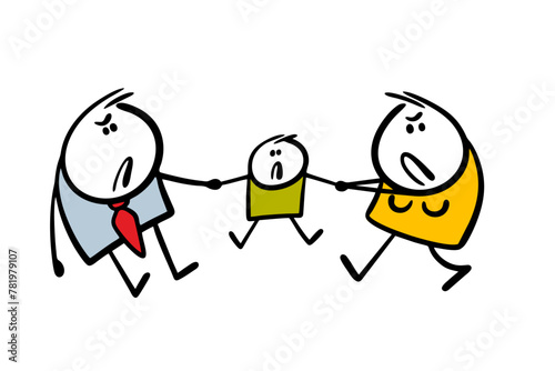 Father and mother pull their son  hands in different directions. Vector illustration of divorce and division of property. Family has broken up, Parents are fighting, the children are suffering.