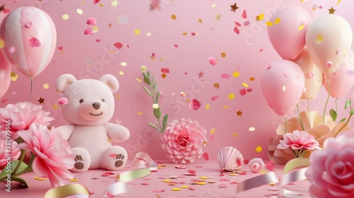 A 3D illustration of a birthday banner with flowers, a bear, and confetti on a pink background.