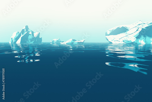 landscape with icebergs in water, minimal 3d illustration