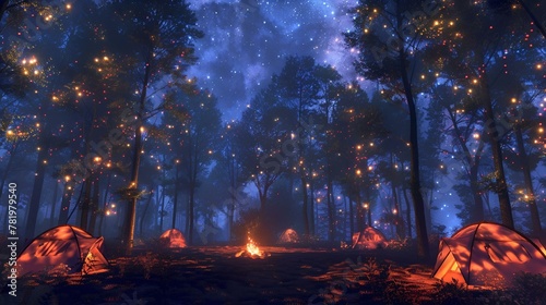 AI generated illustration of a mysterious forest with scattered lights and tents on the ground photo