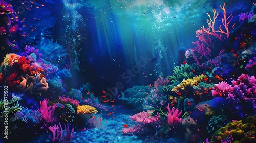 AI generated illustration of vibrant underwater scene with diverse corals and plants © Wirestock