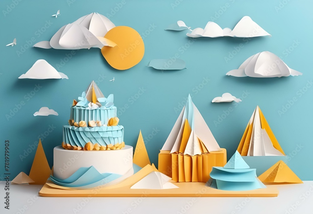 AI generated illustration of a blue cake on table with papers and geometric shapes