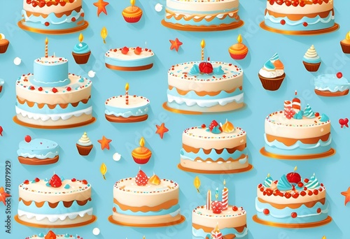 AI generated illustration of various cakes on blue backdrop with colorful stars