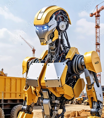 A humanoid robot with a yellow torso and helmet, working at a construction site with wooden structures under clear skies. © Tetyana Pavlovna