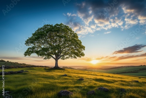 AI generated illustration of sunrise behind tree in open field, stones around