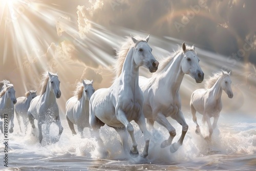 White Horses Herd in Wild, Running Stallion by Seaside, Beautiful Grey Horse, Sun Rays, Copy Space © artemstepanov