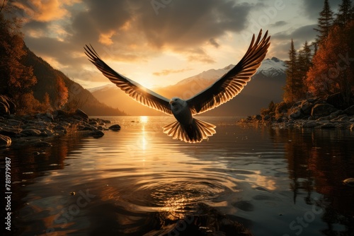 AI generated illustration of an eagle soars over water at sunset near a rocky shore
