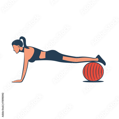 Girl doing fitness with fitball. Workout black icon. Woman in sportswear exercising her abs on a blue pilates ball. Fitness concept. Vector illustration flat design. Isolated on white background.