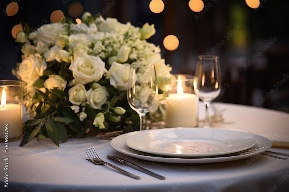 beautiful wedding table setting, white plates, flowers and candles