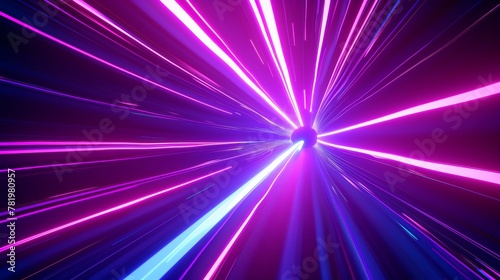 The background is made up of 3D neon lights. Purple and blue beams extending into the shape of a tunnel. Concept of high speed.