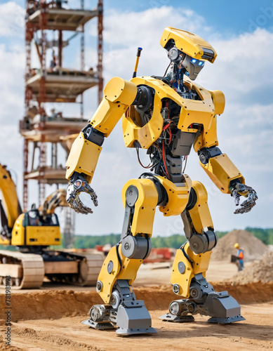 A humanoid robot with a yellow torso and helmet, working at a construction site with wooden structures under clear skies. © Tetyana Pavlovna