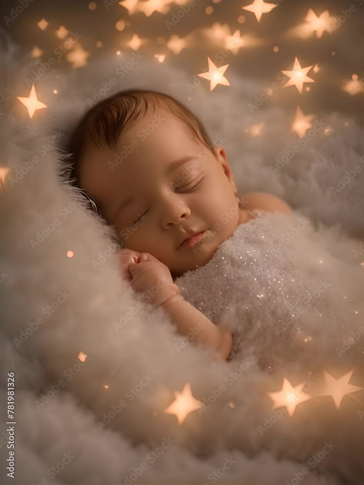The baby is sleeping quietly with his eyes closed on a soft cloud with twinkling stars in the background The baby is sleeping quietly with his eyes closed on a soft cloud with twinkling stars in the background