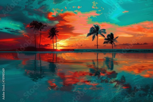A pop art seascape with a fiery sunset, exaggerated colors, simplified shapes of palm trees silhouetted against the sky