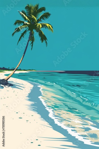 A pop art rendition of a classic beach scene: pristine white sand, crystal-clear turquoise water, and a single palm tree