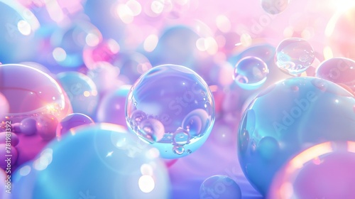 A blue liquid blobs background with soap bubbles and 3d soft pastel gradient balls. © Mark