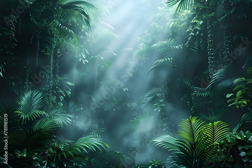 Mystical Jungle Enchantment: Verdant Serenity Under a Moody Sky. Concept Jungle Enchantment, Verdant Serenity, Moody Sky, Mystical Atmosphere, Nature's Beauty