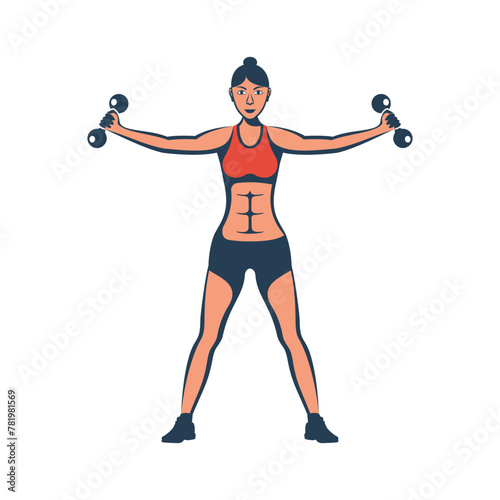 Girl lifts dumbbells, black icon. Fitness woman doing exercises with heavy discs. Young girl gym exercise sport athletet. Sports lifestyle. Vector illustration flat design. Attractive athletic female.