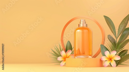 The ad shows a glass bottle with a glass plant on an arch decorated with a circle. The background color is orange  with a light orange tint.