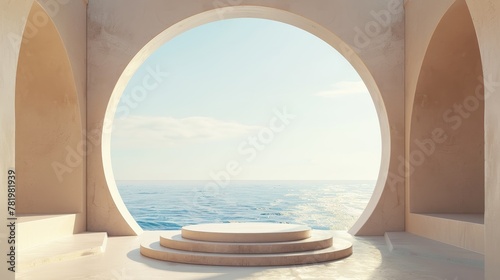In natural daylight, a summer scene with geometric shapes, an arch with a podium, and a sea view. Background rendered in 3D.