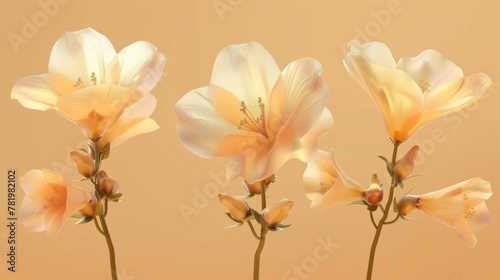 Set of 3D translucent freesia isolated on a light orange background.