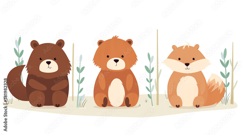 Fototapeta premium Little brown bear, little fox, little chipmunk, little bunny, children's book illustration style сreated with Generative Ai