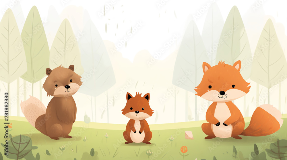 Fototapeta premium Little brown bear, little fox, little chipmunk, little bunny, children's book illustration style сreated with Generative Ai