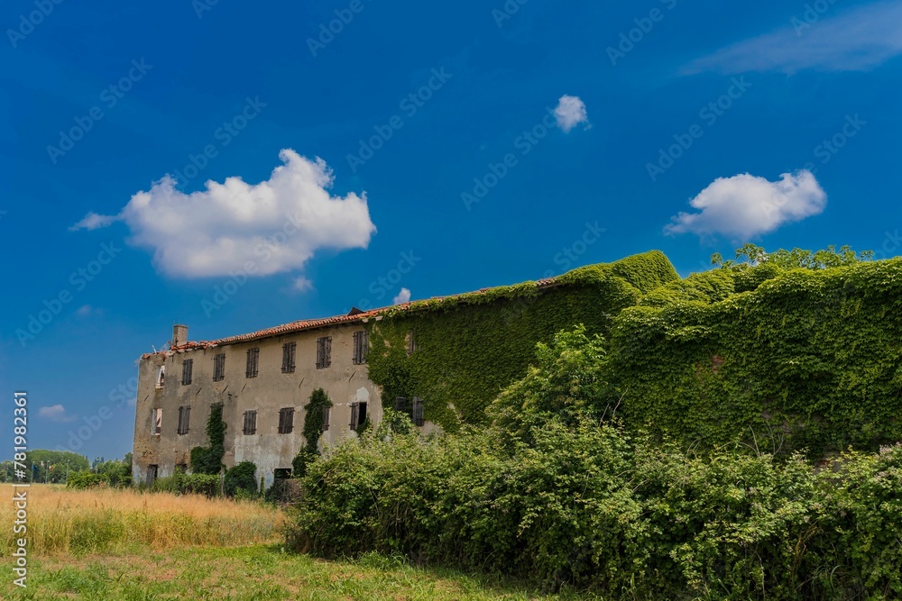 Abandoned old building with ruined roof and wall covered with leaves under the blue sky