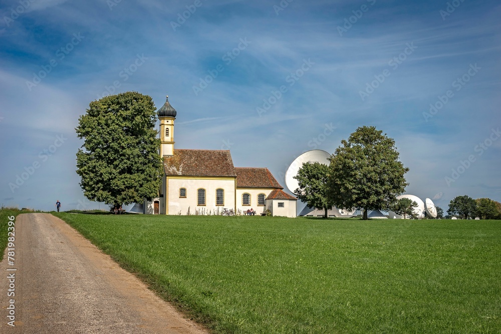 Johann Chapel and parabolic Antenna Satellite Dish in Raisting, Germany